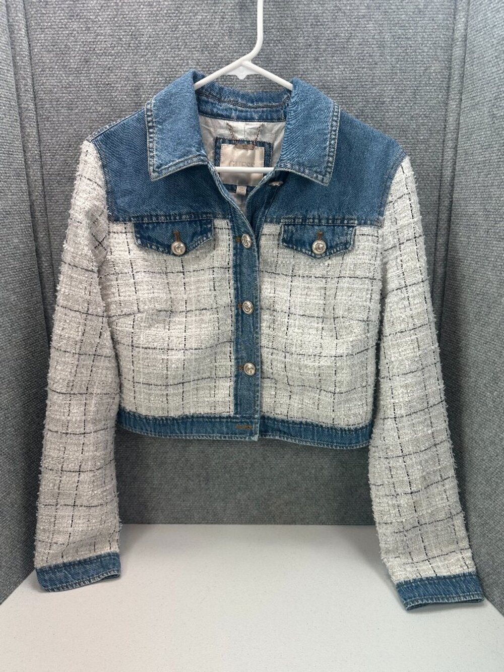 GUESS Cropped Denim Tweed Bouclé Jacket Blue White L
